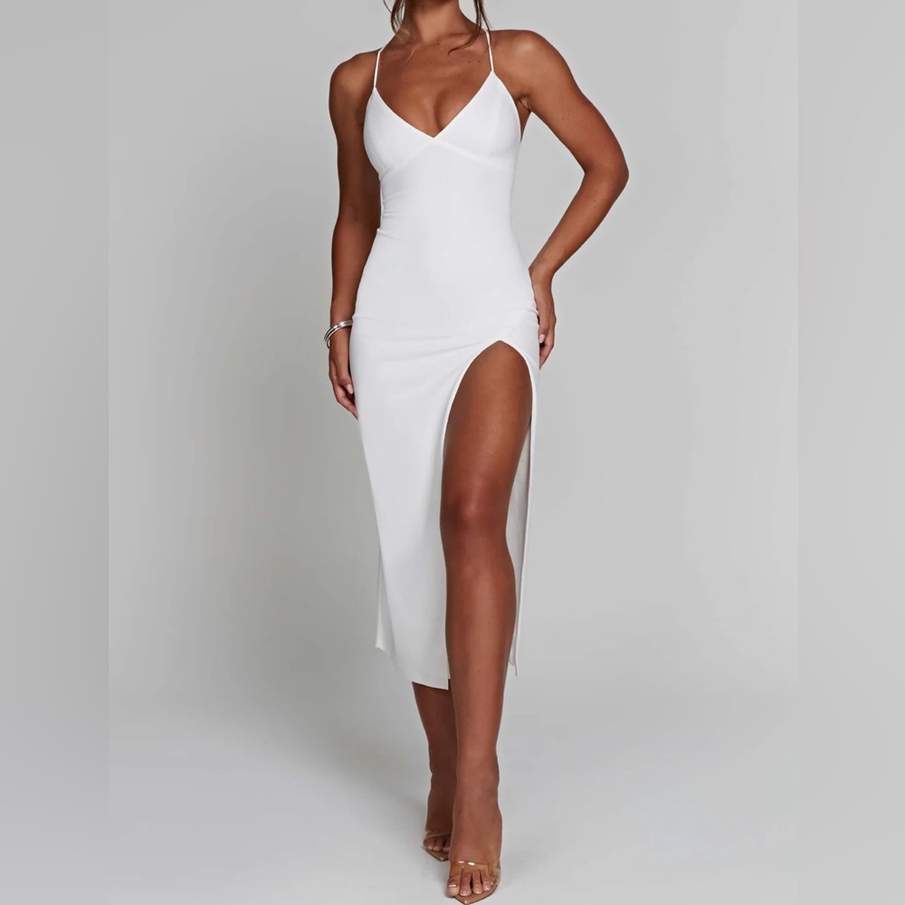 White midi dress with slit and low back with crossover straps